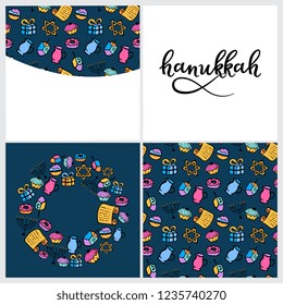 Set of Hanukkah Design Elements in doodle style. Traditional attributes of the menorah, dreidel, oil, Torah, donut. Round frame, seamless pattern, hand lettering