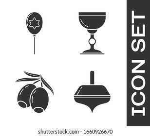 Set Hanukkah dreidel, Balloons with ribbon with star of david, Olives branch and Jewish goblet icon. Vector