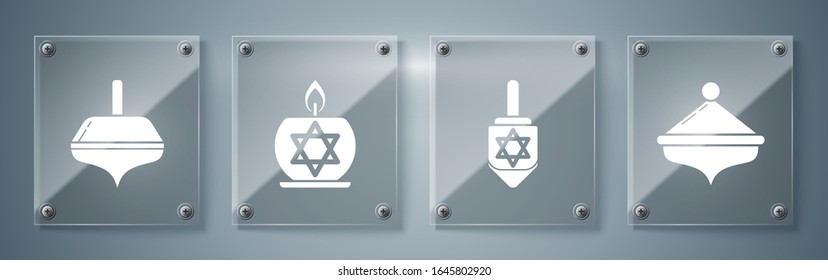 Set Hanukkah dreidel, Hanukkah dreidel, Burning candle in candlestick with star of david and Hanukkah dreidel. Square glass panels. Vector