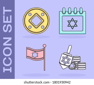 Set Hanukkah dreidel and coin, Jewish coin, Flag of Israel and Jewish calendar with star of david icon. Vector