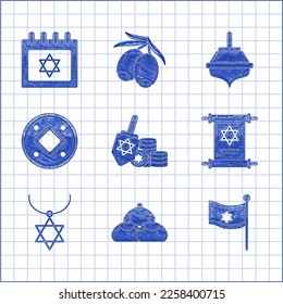 Set Hanukkah-Dreiel und Münze, jüdische Süßbäckerei, Flagge von Israel, Torah-Scroll, Star David Halskette auf Kette und Kalender mit Sterndavid-Ikone. Vektorgrafik