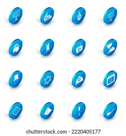 Set Hanukkah dreidel and coin, menorah, Olives branch, Orthodox jewish hat with sidelocks, Torah scroll, Jewish goblet hanukkah sufganiyot and Shopping bag star of david icon. Vector
