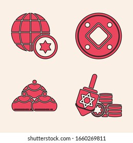 Set Hanukkah dreidel and coin, World Globe and Israel, Jewish coin and Jewish sweet bakery icon. Vector