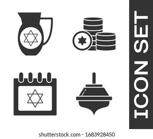 Set Hanukkah dreidel, Decanter with star of david, Jewish calendar with star of david and Jewish coin icon. Vector