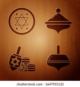 Set Hanukkah dreidel, Jewish coin, Hanukkah dreidel and coin and Hanukkah dreidel on wooden background. Vector