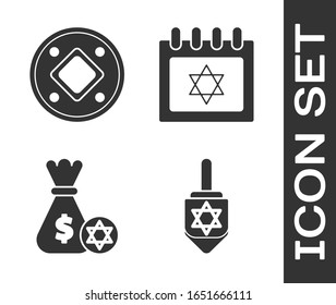 Set Hanukkah dreidel, Jewish coin, Jewish money bag with star of david and coin and Jewish calendar with star of david icon. Vector