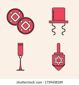 Set Hanukkah dreidel, Jewish coin, Orthodox jewish hat with sidelocks and Jewish goblet icon. Vector