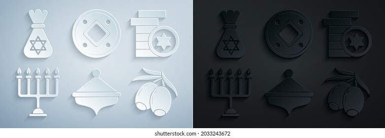 Set Hanukkah dreidel, Jewish coin, menorah, Olives branch,  and money bag with star of david icon. Vector