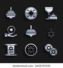 Set Hanukkah dreidel, Jewish coin, Star of David necklace on chain, Torah scroll, hand, goblet hanukkah sufganiyot and  icon. Vector