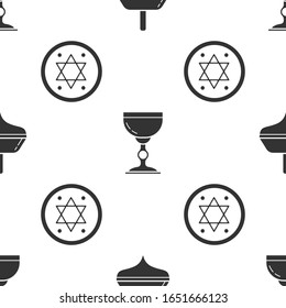 Set Hanukkah dreidel, Jewish goblet and Jewish coin on seamless pattern. Vector