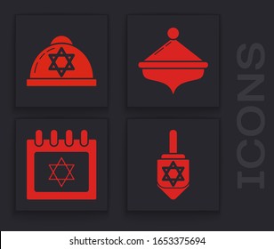 Set Hanukkah dreidel, Jewish kippah with star of david, Hanukkah dreidel and Jewish calendar with star of david icon. Vector