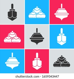 Set Hanukkah dreidel, Jewish sweet bakery and Hanukkah dreidel icon. Vector