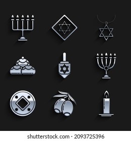 Set Hanukkah dreidel, Olives branch, Burning candle in candlestick, menorah, Jewish coin, sweet bakery, Star of David necklace on chain and  icon. Vector