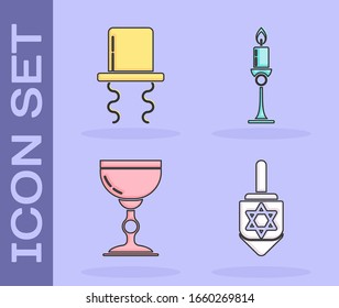 Set Hanukkah dreidel, Orthodox jewish hat with sidelocks, Jewish goblet and Burning candle in candlestick icon. Vector