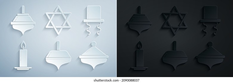 Set Hanukkah dreidel, Orthodox jewish hat with sidelocks, Burning candle in candlestick, Star of David and  icon. Vector