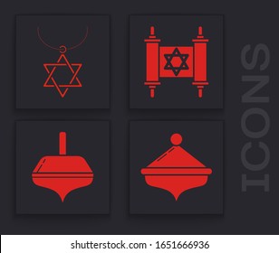 Set Hanukkah dreidel, Star of David necklace on chain, Torah scroll and Hanukkah dreidel icon. Vector
