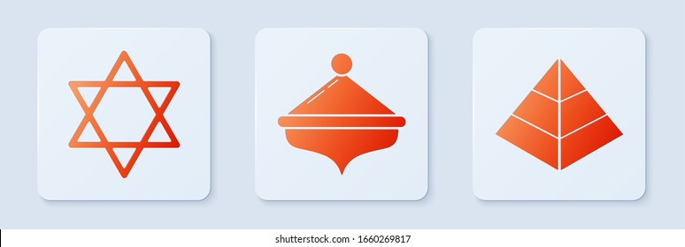 Set Hanukkah dreidel, Star of David and Egypt pyramids. White square button. Vector