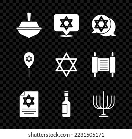 Set Hanukkah dreidel, Star of David, Torah scroll, Jewish wine bottle, menorah, Balloon with star david and  icon. Vector