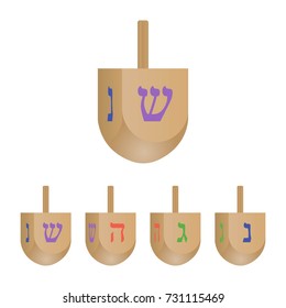 Set of Hanukkah dreidels icons isolated on white background. 3d  with its letters of the Hebrew. Vector illustration.