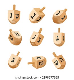 Juego de íconos de Hanukkah dreidels. Ilustración vectorial. Hanukkah menea con sus letras del alfabeto hebreo.