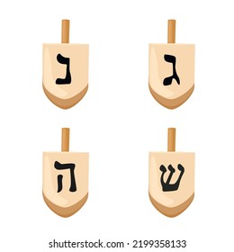 Set of Hanukkah dreidels icons. Vector illustration. Hanukkah dreidels with its letters of the Hebrew alphabet.