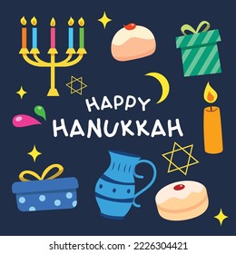 Conjunto de elementos Hanukkah. Dibujo a mano de dibujos animados Doodle diseño plano para plantilla, pancarta, afiche, medios