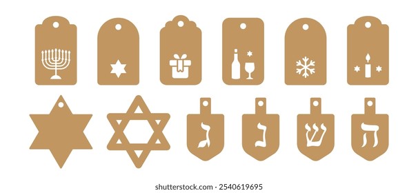 Set of Hanukkah gift tags vector templates for cutting. Jewish holiday tag stencils. Craft paper or cardboard label for gift wrapping