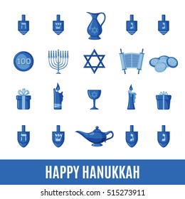 Set of Hanukkah holiday icons in flat style isolated on white background. Traditional Hanukkah symbols. Vector illustration.