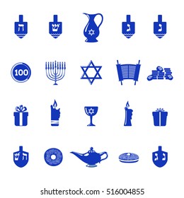 Set of Hanukkah holiday icons in flat style isolated on white background. Traditional Hanukkah symbols. Vector illustration.