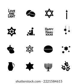 Set of hanukkah icons vector illustration. Traditional symbols Menorah, star of David, sufganiyah, dreidel. Black simple silhouettes Flat style clip art elements isolated on white background