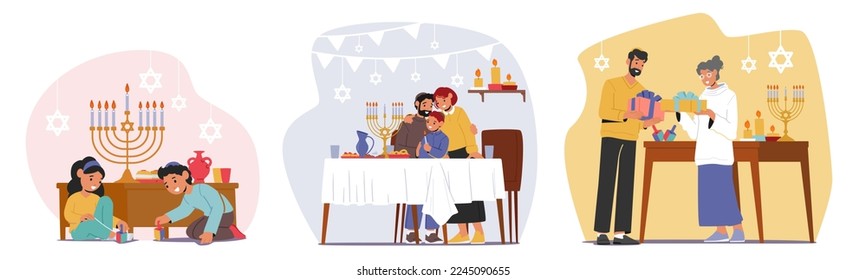 Set Hanukkah Israel Holiday Celebration. Happy Family with Kids Celebrating Jewish Festival of Lights. Parents and Children Wear Kippah Lighting Candles on Menorah. Cartoon People Vector Illustration