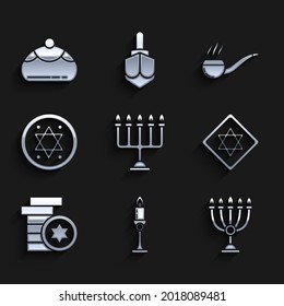 Set Hanukkah menorah, Burning candle in candlestick, Star of David, Jewish coin, Smoking pipe with smoke and sweet bakery icon. Vector