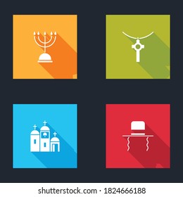 Set Hanukkah menorah, Christian cross on chain, Church building and Orthodox jewish hat with sidelocks icon. Vector.