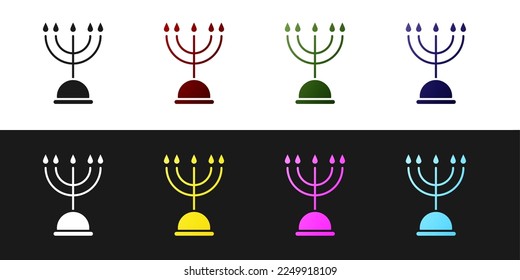 Set Hanukkah menorah icon isolated on black and white background. Hanukkah traditional symbol. Holiday religion, jewish festival of Lights.  Vector Illustration