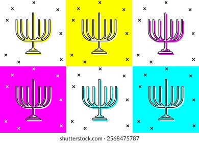 Set Hanukkah menorah icon isolated on color background. Hanukkah traditional symbol. Holiday religion, jewish festival of Lights.  Vector