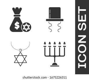 Set Hanukkah menorah, Jewish money bag with star of david and coin, Star of David necklace on chain and Orthodox jewish hat with sidelocks icon. Vector