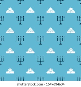 Set Hanukkah menorah and Jewish sweet bakery on seamless pattern. Vector