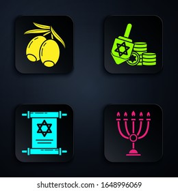 Set Hanukkah menorah, Olives branch, Torah scroll and Hanukkah dreidel and coin. Black square button. Vector