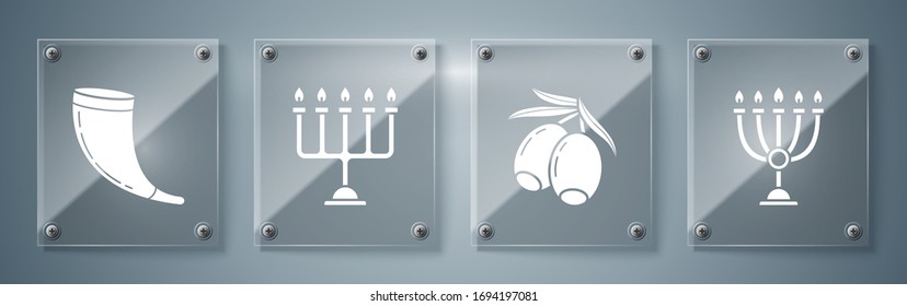 Set Hanukkah menorah, Olives branch, Hanukkah menorah and Traditional ram horn, shofar. Square glass panels. Vector