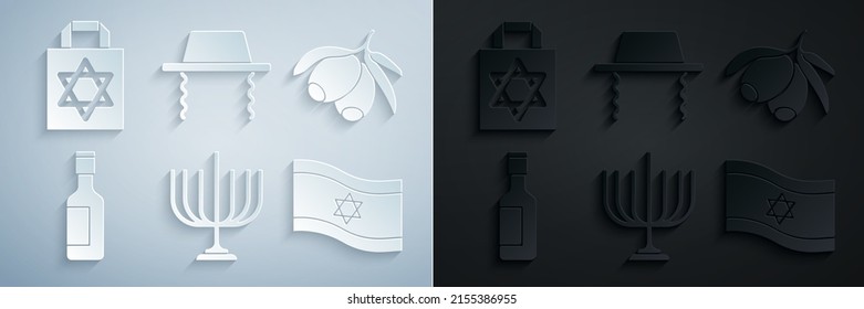 Set Hanukkah menorah, Olives branch, Jewish wine bottle, Flag of Israel, Orthodox jewish hat and Shopping bag with star david icon. Vector