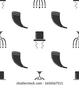 Set Hanukkah menorah, Orthodox jewish hat with sidelocks and Traditional ram horn, shofar on seamless pattern. Vector