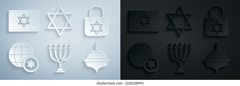 Set Hanukkah menorah, Shopping bag with star of david, World Globe and Israel, dreidel, Star David and Flag icon. Vector