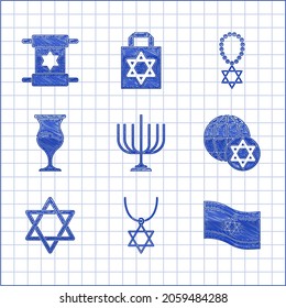 Set Hanukkah menorah, Star of David necklace on chain, Flag Israel, World Globe and, Jewish goblet,  and Torah scroll icon. Vector
