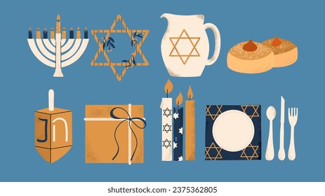 Set of Hanukkah symbols. Menorah, Star of David, sufganiyot, dreidel, table setting, jug. Vector hand draw illustration