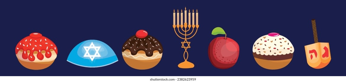 Set of Hanukkah symbols on dark blue background