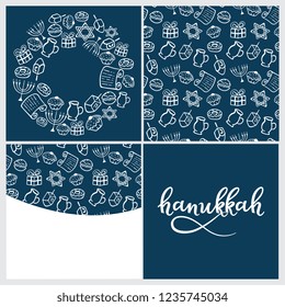 Set of Hanukkah Traditional attributes of the menorah, dreidel, oil, Torah, donut . Round frame, seamless pattern in doodle style, hand lettering