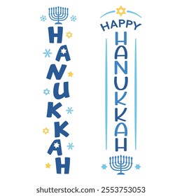 Set of Hanukkah vertical signs. Vector illustration for decoration porch sign, background, posters, and other designs. Jewish holiday welcoming greeting