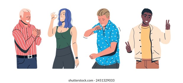 Set of Happiness Emotions Symbols. Various People Showing Positive Body Language Gestures. Woman and Man Show Victory, Laugh, Ok and Dance Symbols. Happy People. Cartoon Flat Vector Illustration