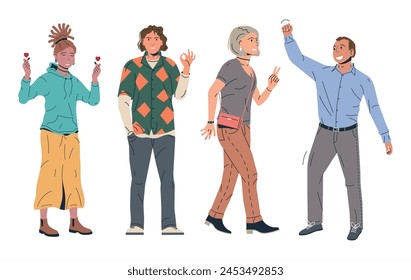 Set of Happiness Emotions Symbols. Various People Showing Positive Body Language Gestures. Woman and Man Show Victory, Heart, Love, Ok and Yeah Symbols. Happy People. Cartoon Flat Vector Illustration