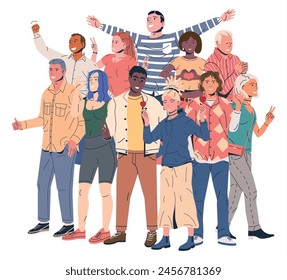 Set of Happiness Emotions Symbols. Various People Showing Positive Body Language Gestures. Woman and Man Show Victory, Heart, Love and Thumb Up Symbols. Happy People. Cartoon Flat Vector Illustration